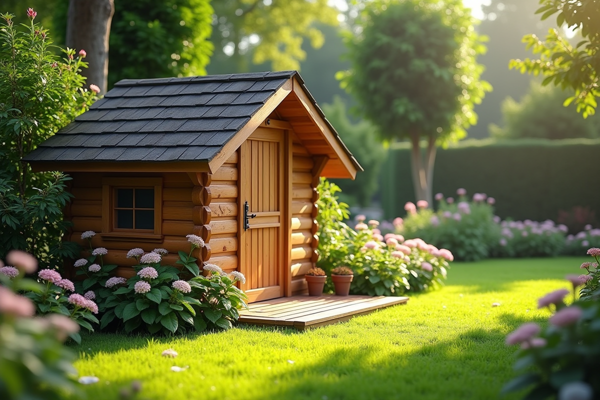 Petit abri de jardin en bois avec toit en pente dans un jardin fleuri