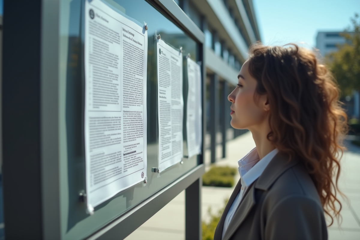 Personne examinant un panneau d'affichage urbain en plein air