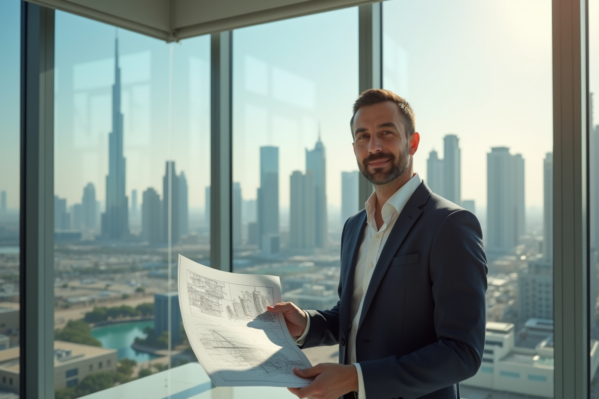 Agent immobilier confiant dans un bureau moderne de Dubaï