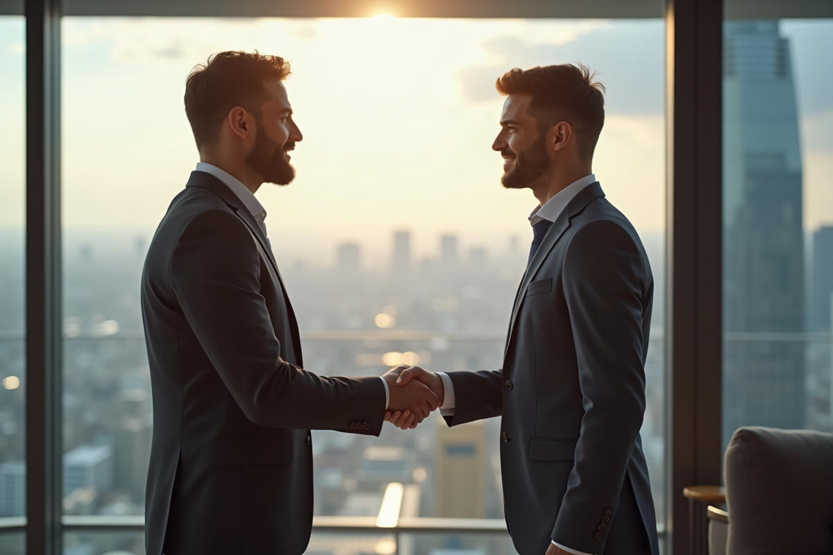 Agent immobilier en costume serrant la main d'un client dans un penthouse moderne