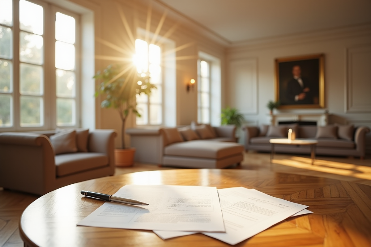 Salon lumineux dans un appartement français rénové avec papiers et stylo
