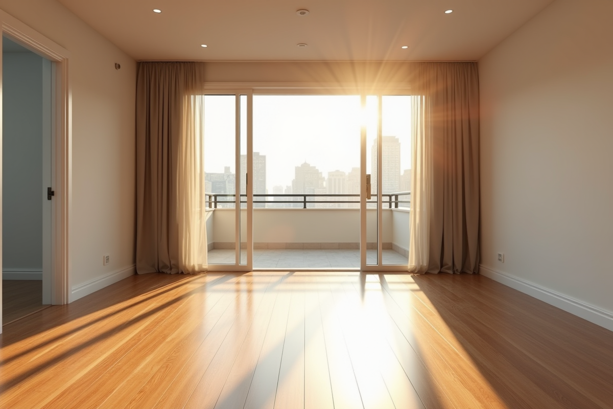Appartement vide avec lumière naturelle et vue sur la ville