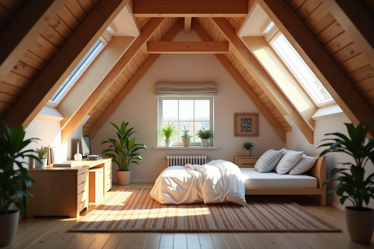 Espace de vie cosy dans un grenier lumineux avec poutres en bois