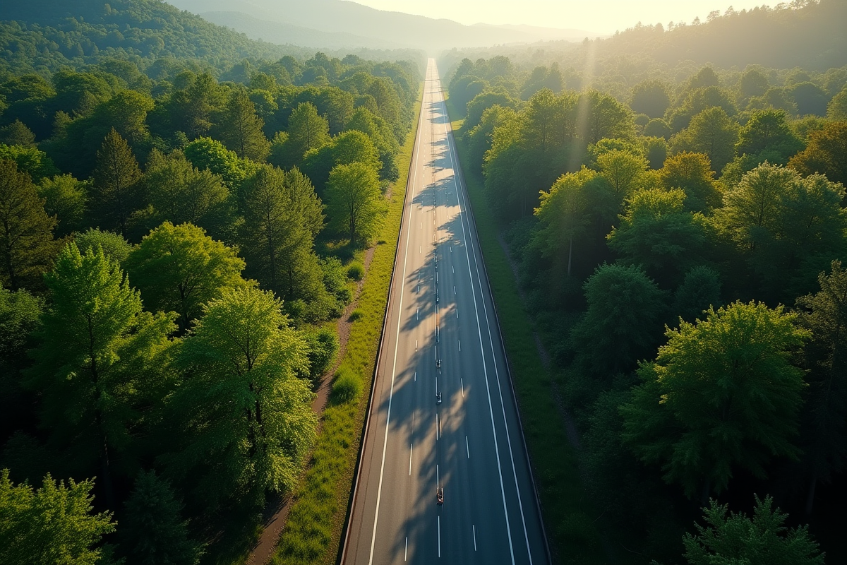 Autoroute traversant une forêt fragmentée en périphérie urbaine
