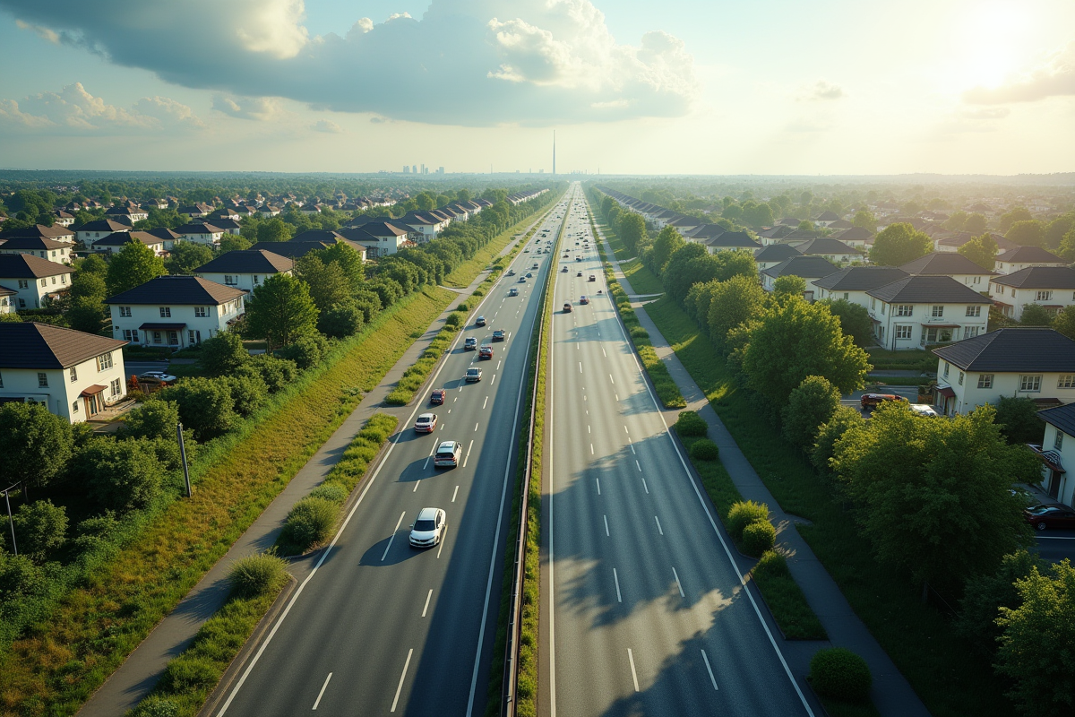 Autoroute congestionnee avec maisons et espaces verts