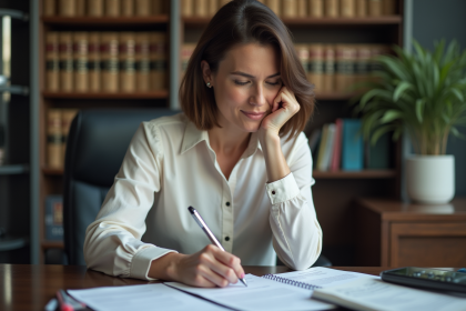 Femme avocate en bureau examine un contrat avec notes