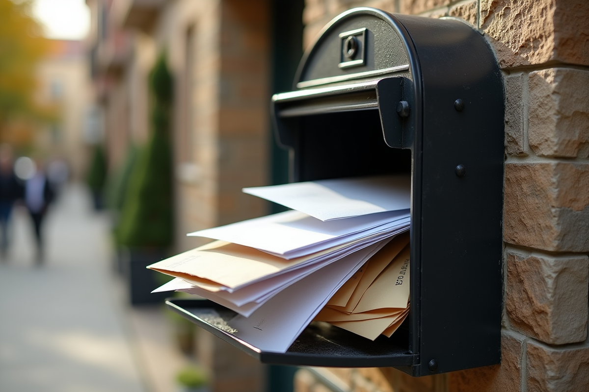 Boîte aux lettres débordante de courriers et enveloppes