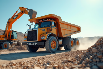 Camion benne chargé de gravier lors d'une opération de construction