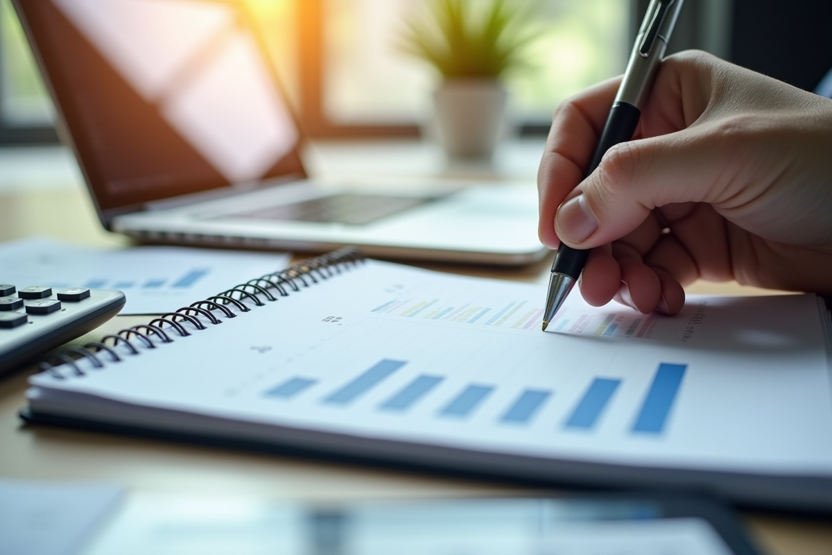 Carnet ouvert avec graphiques financiers et calculatrice sur un bureau