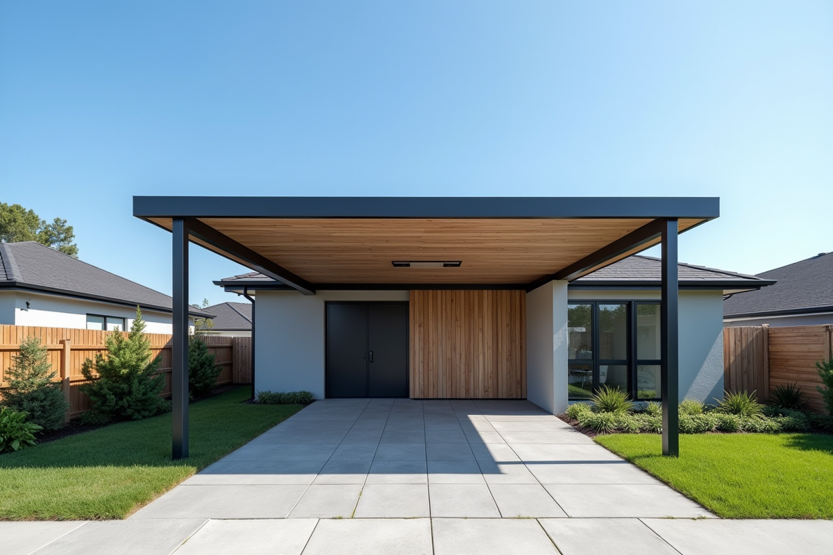 Carport minimaliste en métal à côté d