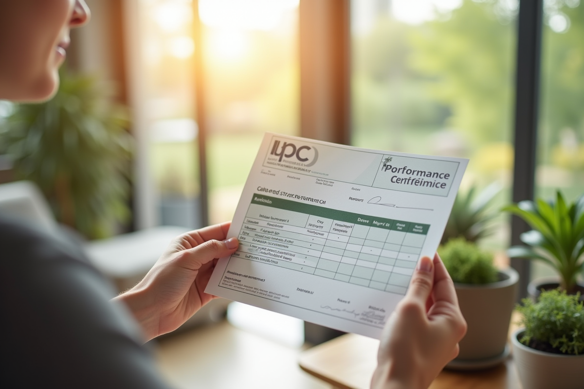 Personne tenant un certificat énergétique dans un salon lumineux