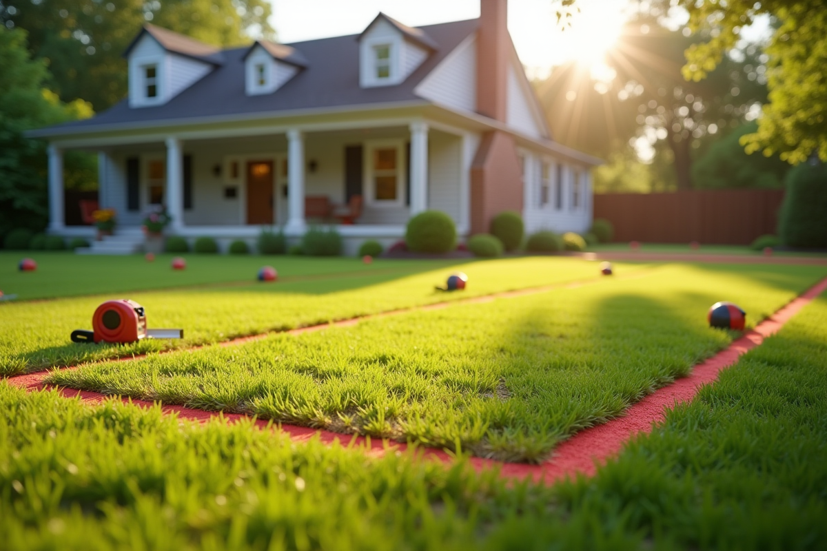 Jardin de maison avec lignes de construction et outils