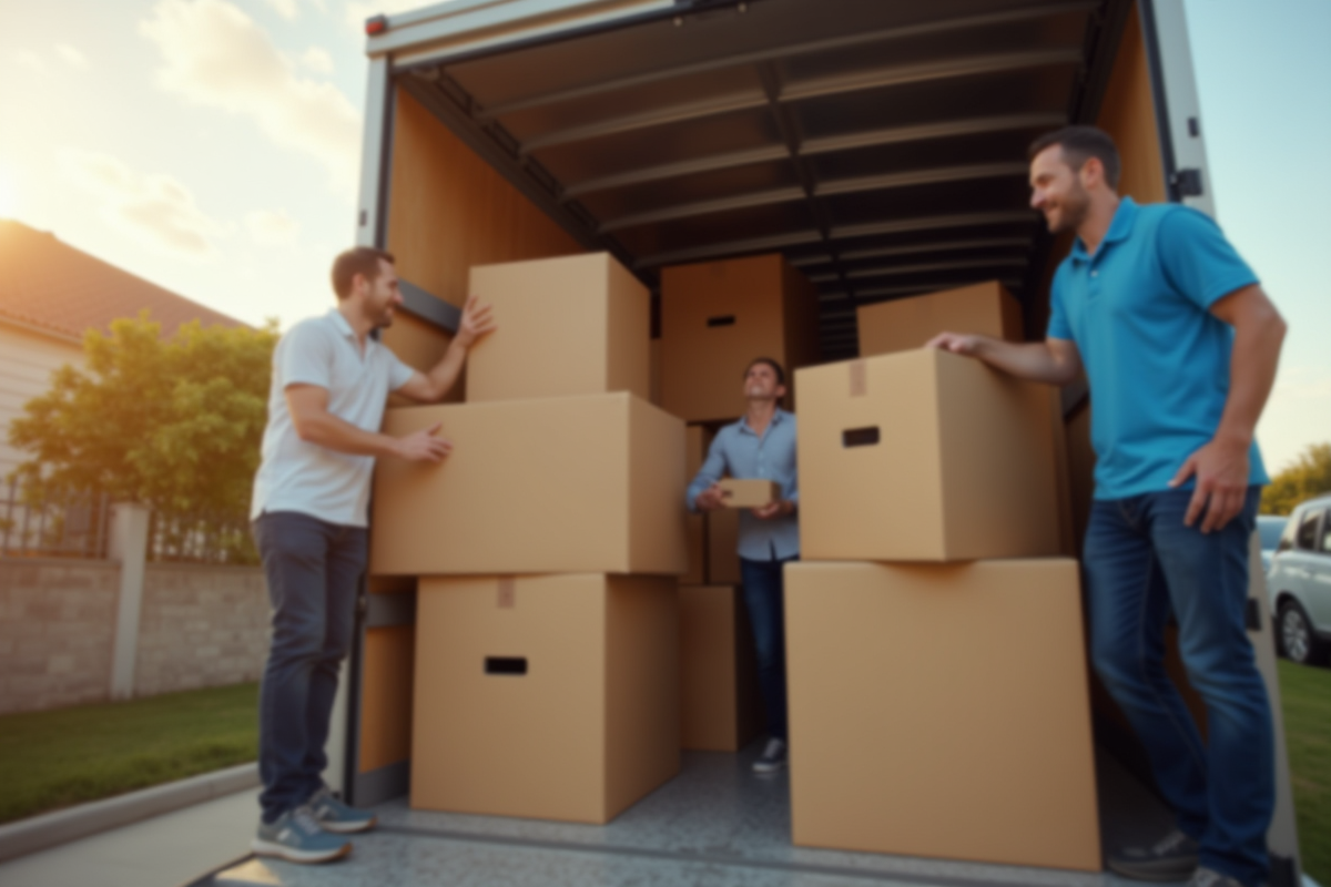 Groupe de personnes chargeant des caisses en carton dans un camion ensoleille