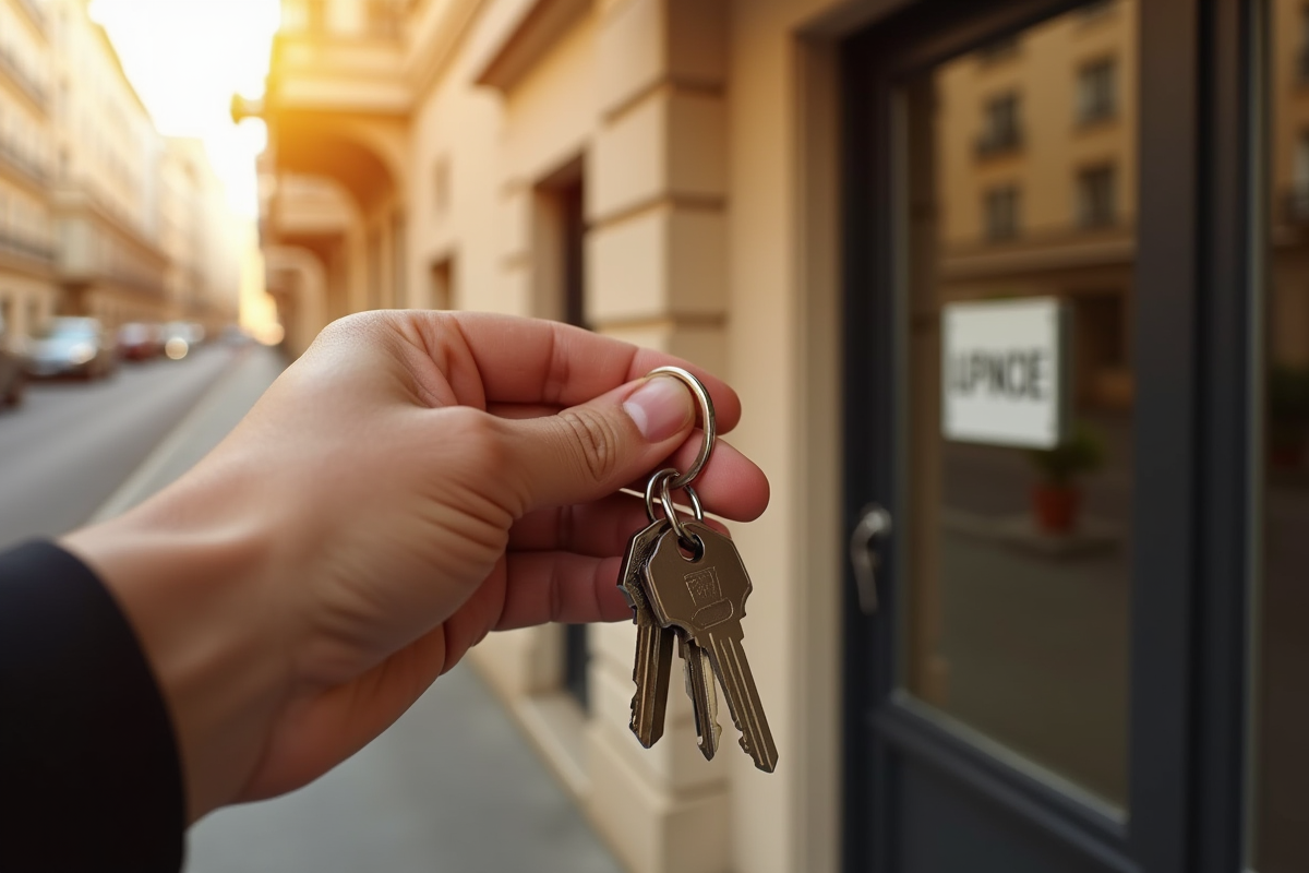 Main tenant des clés d appartement devant une entrée ensoleillée