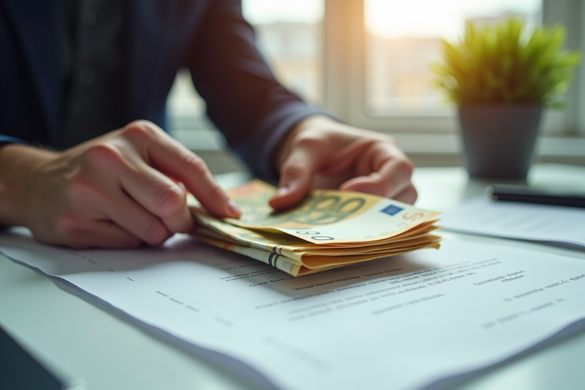 Mains comptant des billets euros sur un bureau moderne