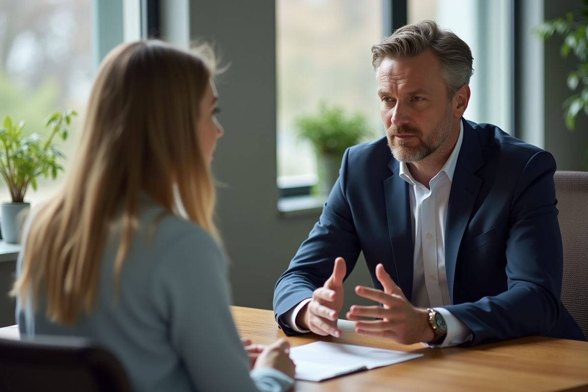 Homme en costume parle avec une cliente dans un espace coworking
