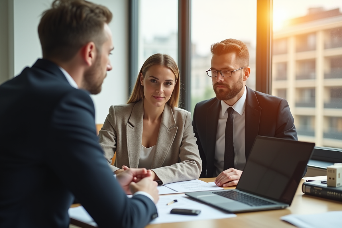 Couple élégant discutant avec conseiller bancaire pour achat immobilier