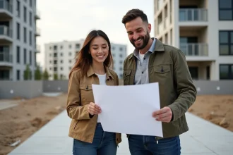 Jeune couple examine plans de construction extérieure