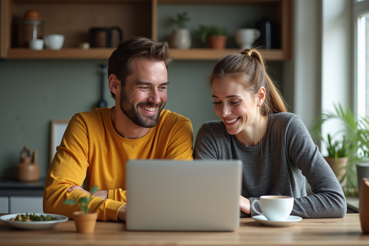 Couple souriant travaillant ensemble à la cuisine