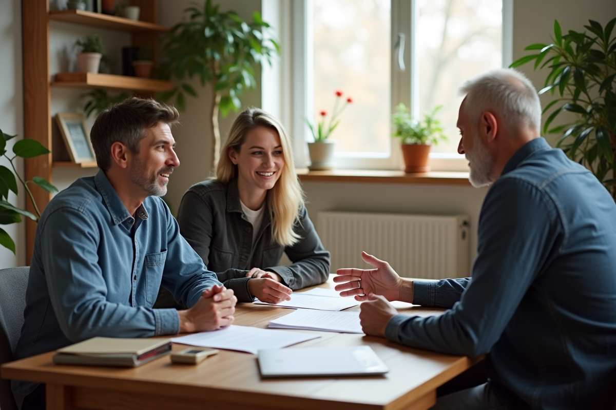 Couple discutant avec un courtier en prêt immobilier dans un intérieur chaleureux