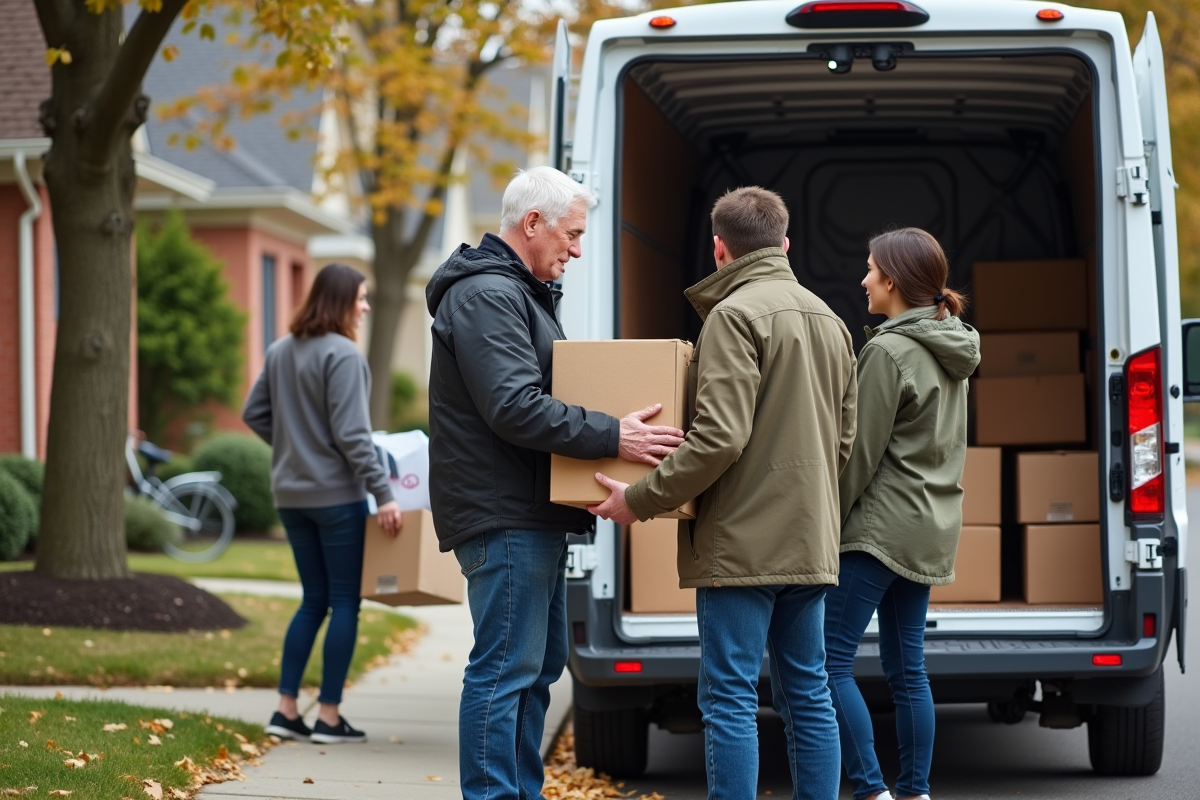 Couple âgé et jeune femme chargeant une voiture de déménagement