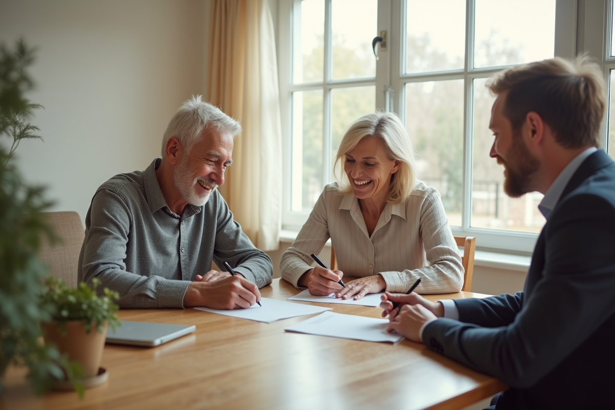 Couple senior signant un prêt immobilier dans leur salon lumineux
