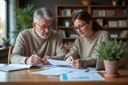 Couple d'adultes analysant des documents financiers à la maison