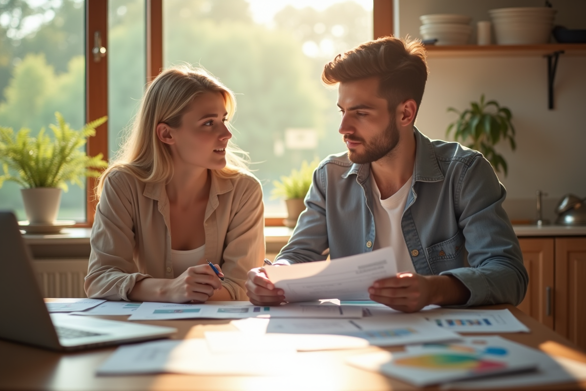 Jeune couple dans une cuisine lumineuse examine des documents financiers