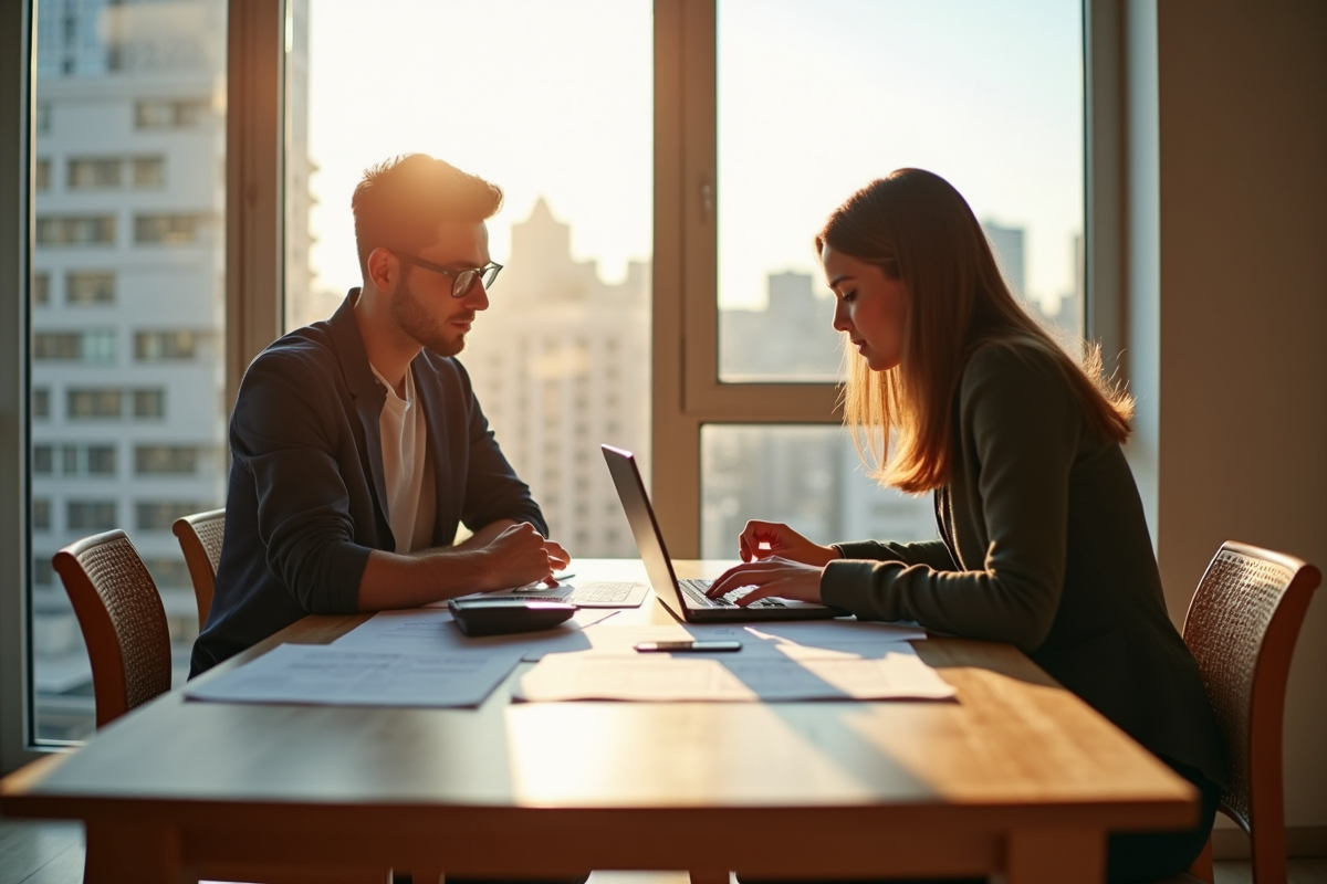 Jeune couple professionnel examinant des documents d'investissement dans un appartement lumineux