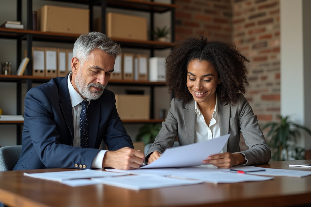 Couple d'adultes examinant des documents immobiliers dans un salon moderne