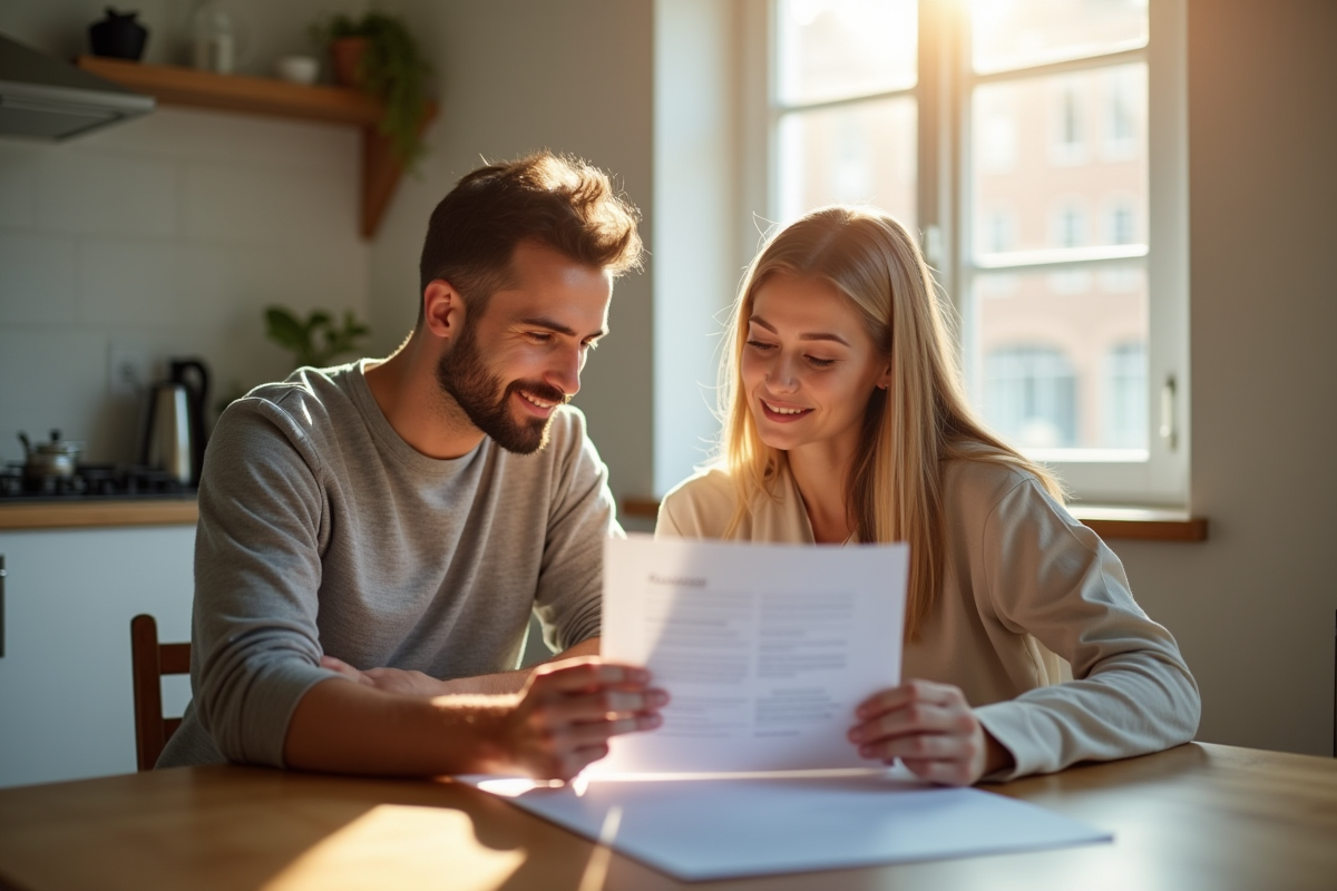 Jeune couple à la maison examine documents de location