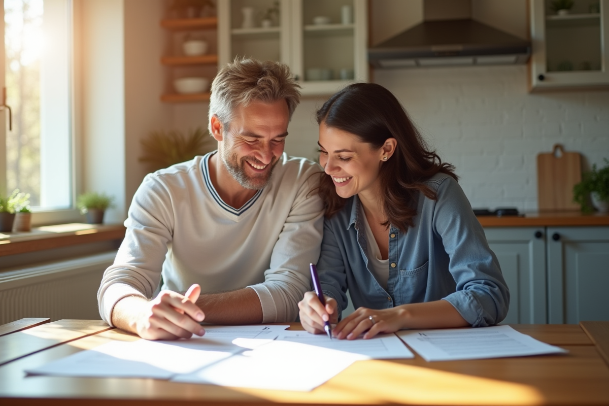 Couple souriant examinant des documents légaux à la maison