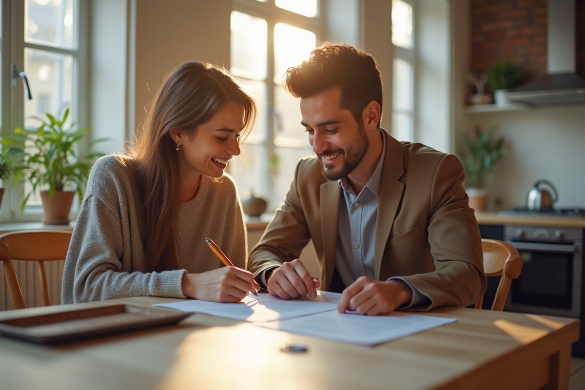 Jeune couple examinant un contrat de location dans une cuisine lumineuse