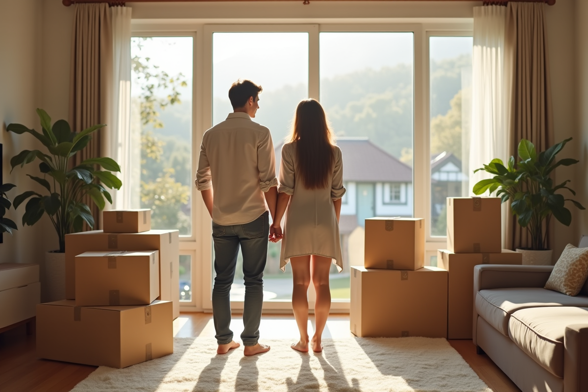 Couple dans un salon lumineux avec cartons de déménagement