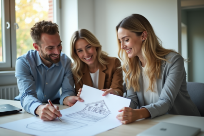 Couple souriant discutant de rénovation avec conseiller