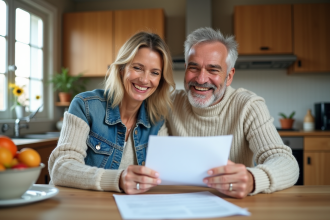 Couple souriant à la cuisine avec documents d'assurance