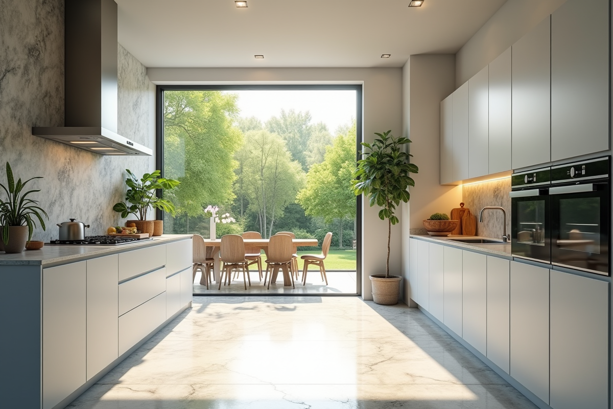 Cuisine lumineuse avec appareils haut de gamme et plan de travail en marbre