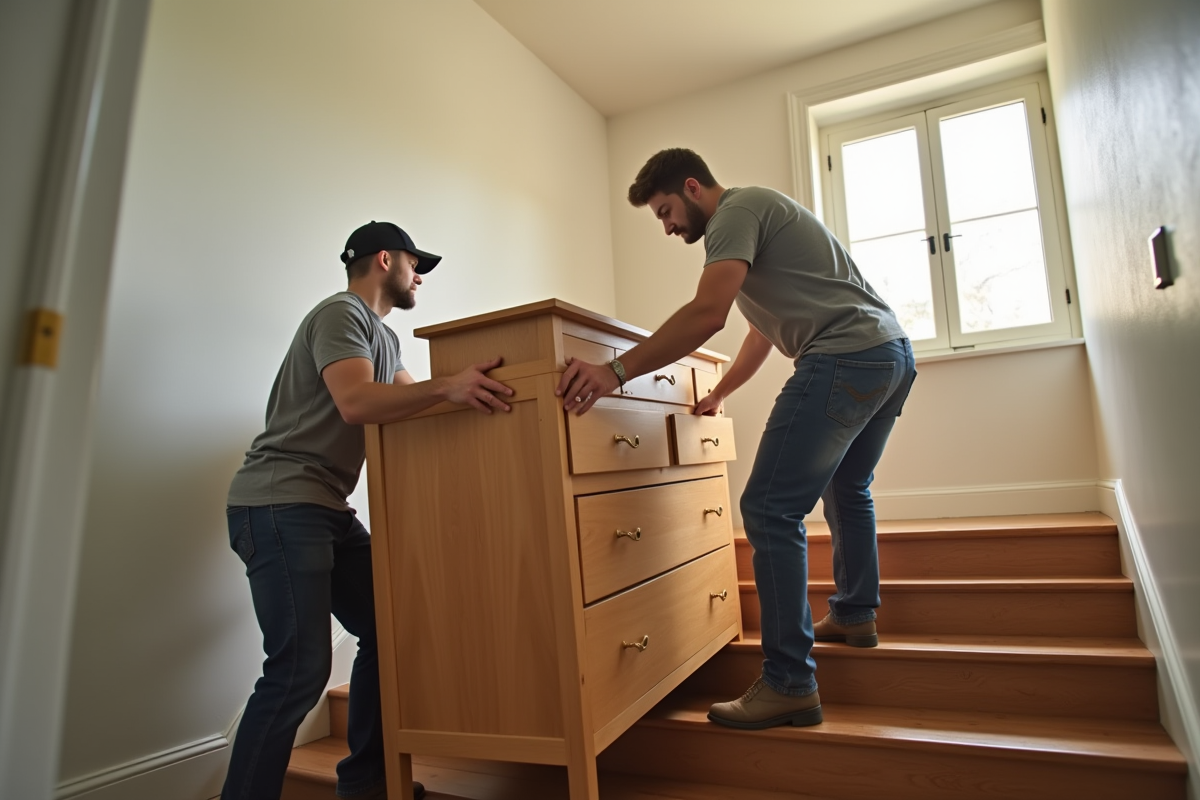 Deux déménageurs portant un grand meuble en bois dans un escalier lumineux