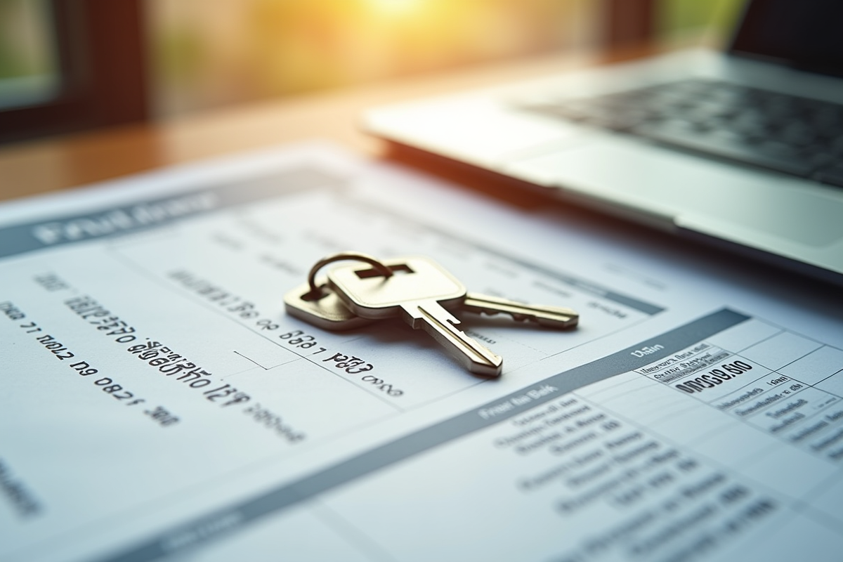 Document financier avec clé de location sur un bureau en lumière naturelle