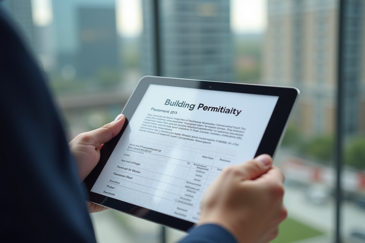 Document de permis de construire sur une tablette avec chantier en arrière-plan