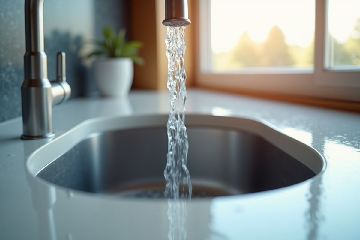 Eau montant sous l'évier de cuisine moderne avec tuyaux en acier inoxydable