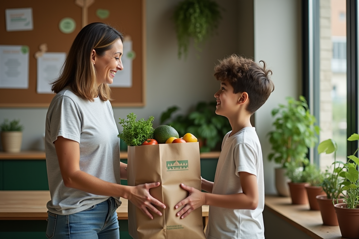 Femme et adolescent échangeant sacs de courses dans centre communautaire