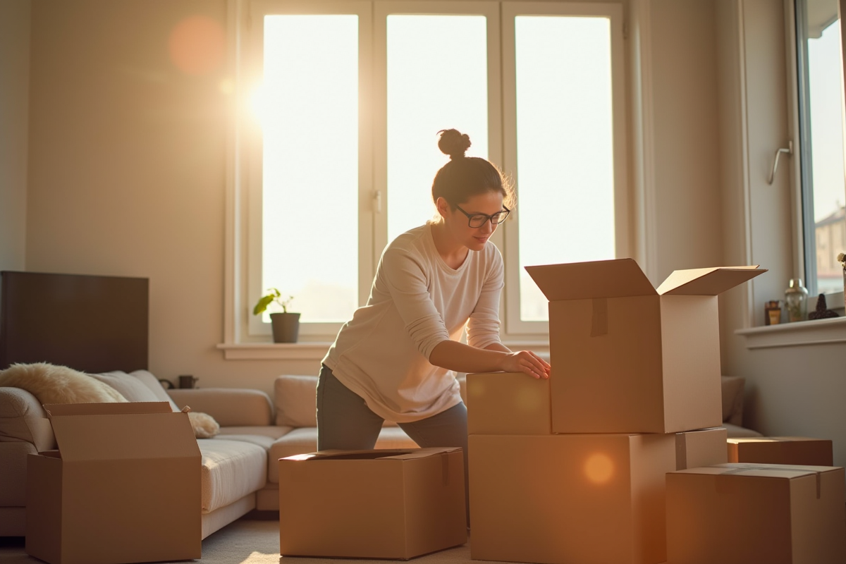 Personne emballant des cartons dans un salon lumineux