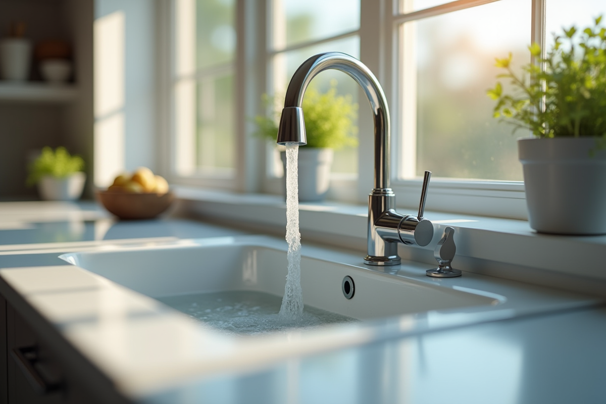 Évier de cuisine moderne avec eau qui s