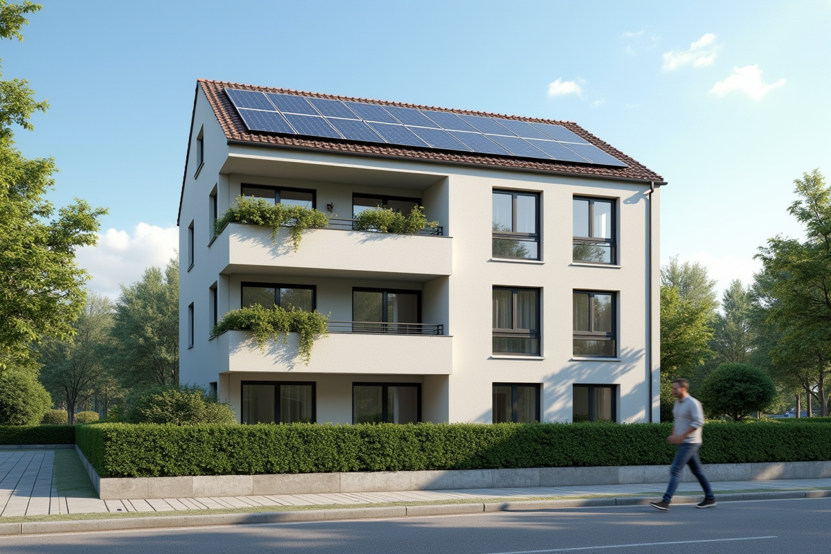 Façade d un immeuble rénové avec panneaux solaires en journée