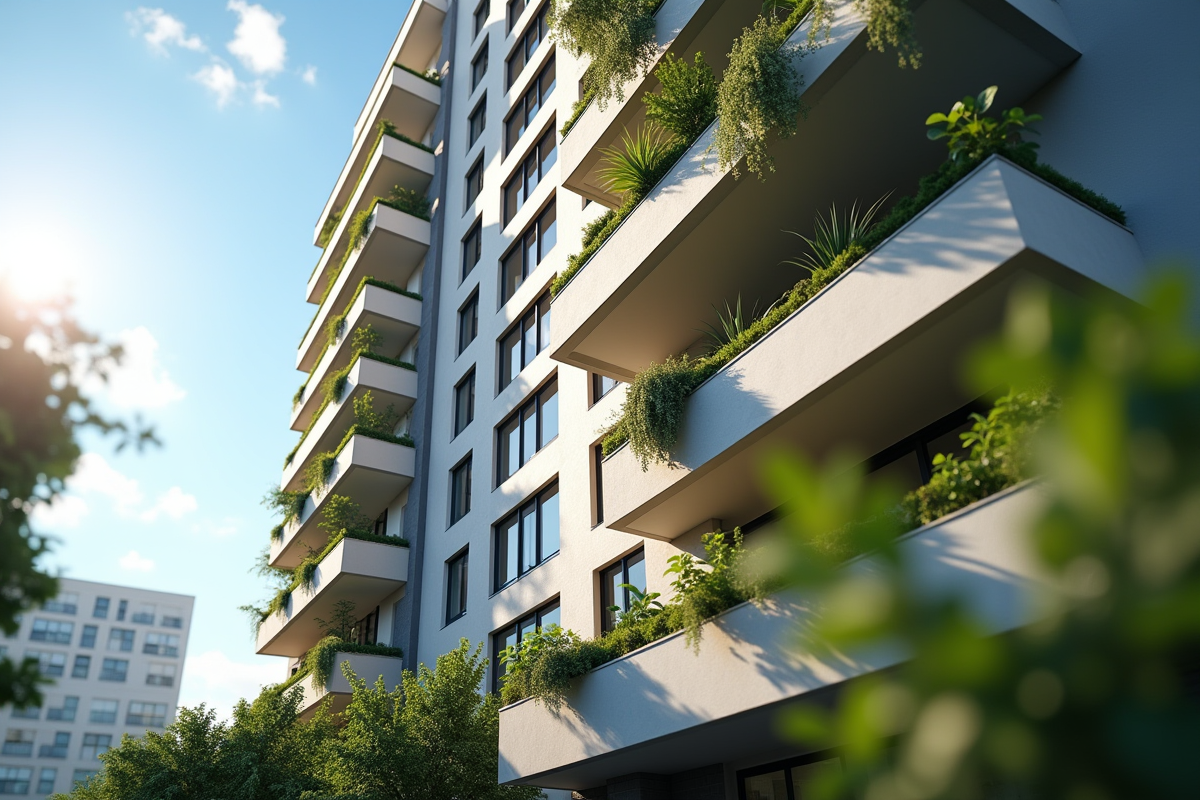 Façade d un immeuble avec balcons et verdure ensoleillée
