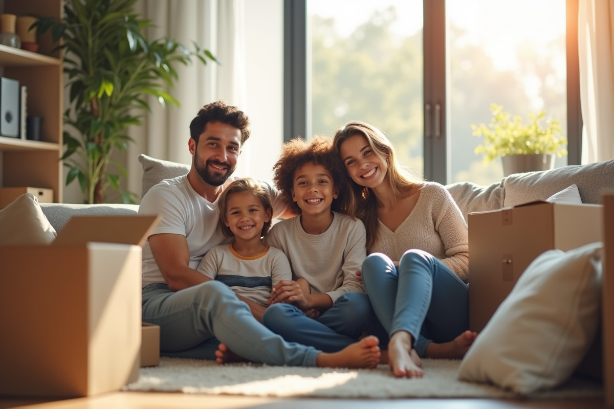 Famille heureuse dans un salon lumineux avec cartons