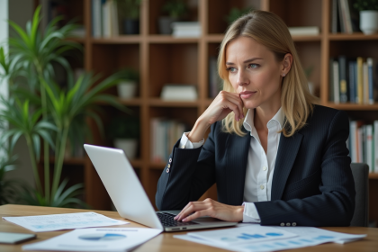 Femme d'affaires réfléchissant sur ses papiers financiers