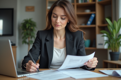 Femme d'affaires en bureau immobilier avec documents et ordinateur