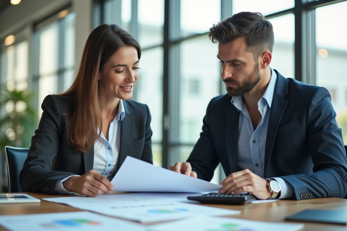 Femme d'affaires et homme d'affaires examinant des factures dans un bureau